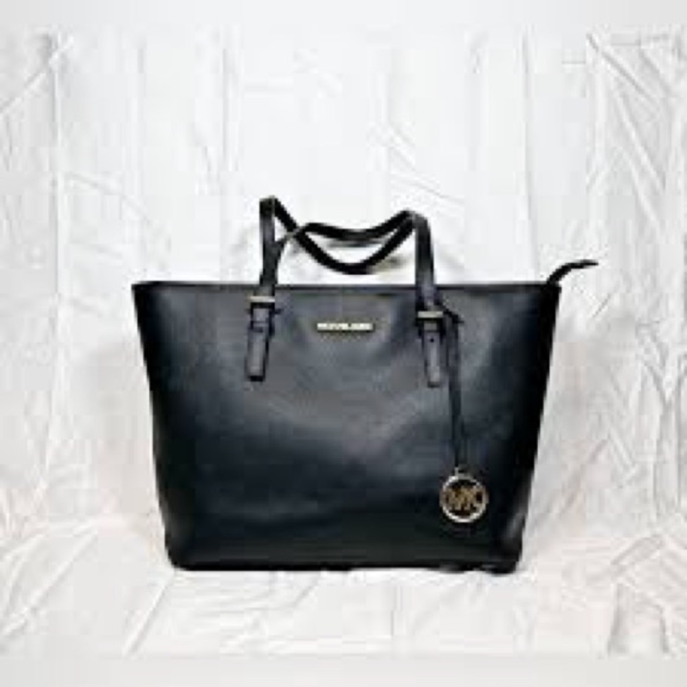 Michael Kors Black Leather Tote with Signature Charm